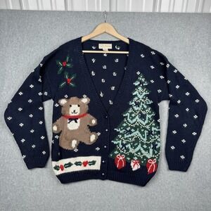 Vintage ID Distinctions Sweater Womens M Navy Christmas Cardigan Bear Beaded 90s